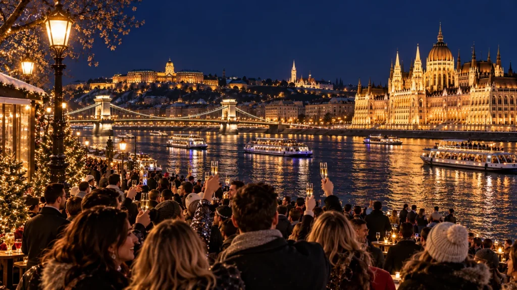 Illustration d’un réveillon du Nouvel An au bord du Danube, une foule levant des coupes face à la ville illuminée