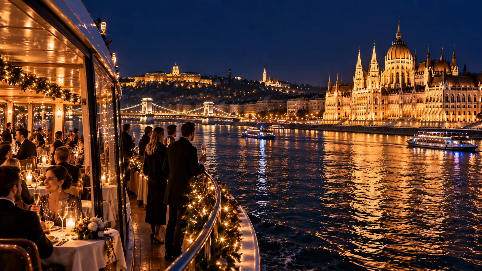 Illustration d’un dîner de réveillon à bord d’un bateau illuminé sur le Danube, de nuit
