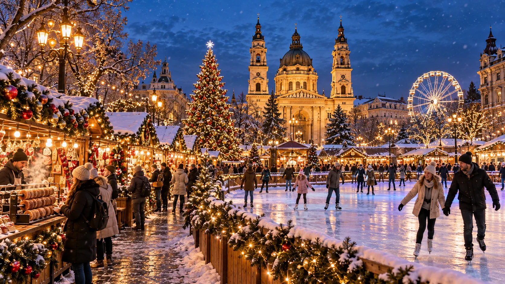 Illustration d’une patinoire en plein air au milieu des chalets d’un marché de Noël