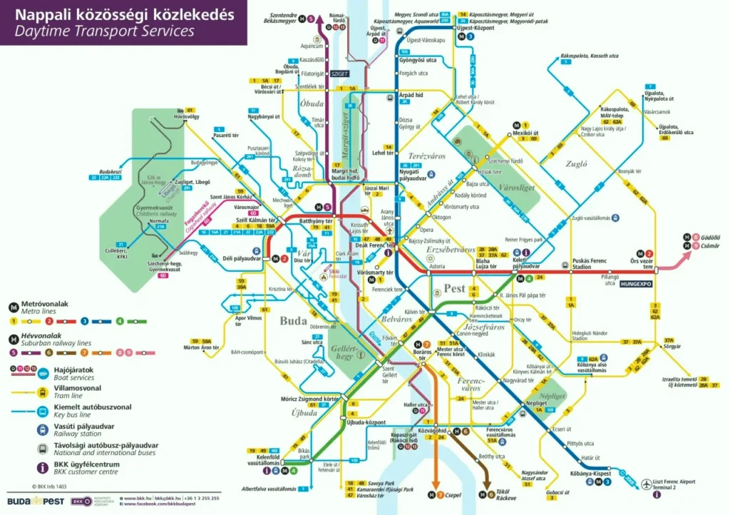 Plan du réseau de transports en commun de jour de Budapest