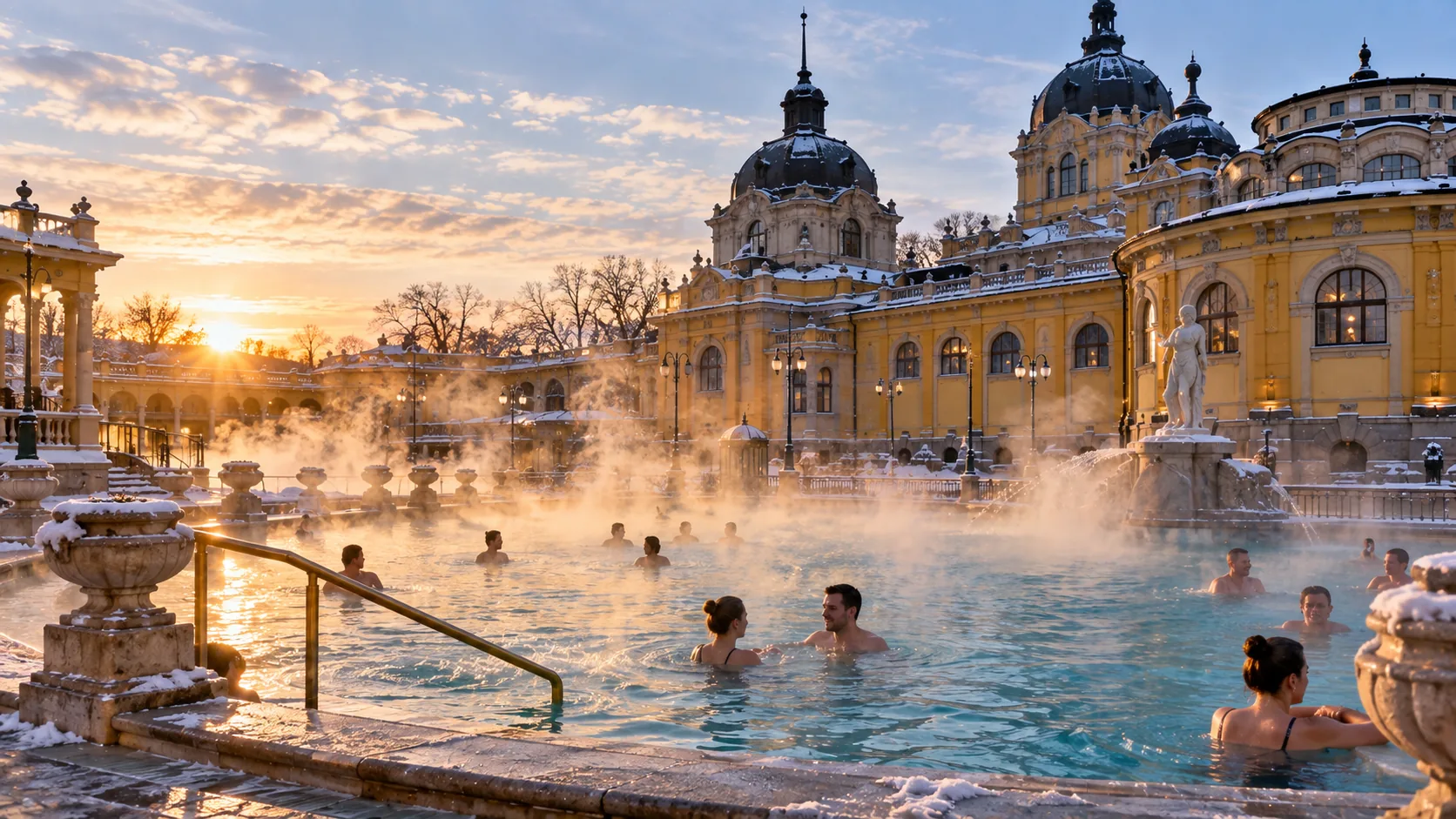 Le bassin extérieur fumant d’un bain thermal de Budapest sous la neige