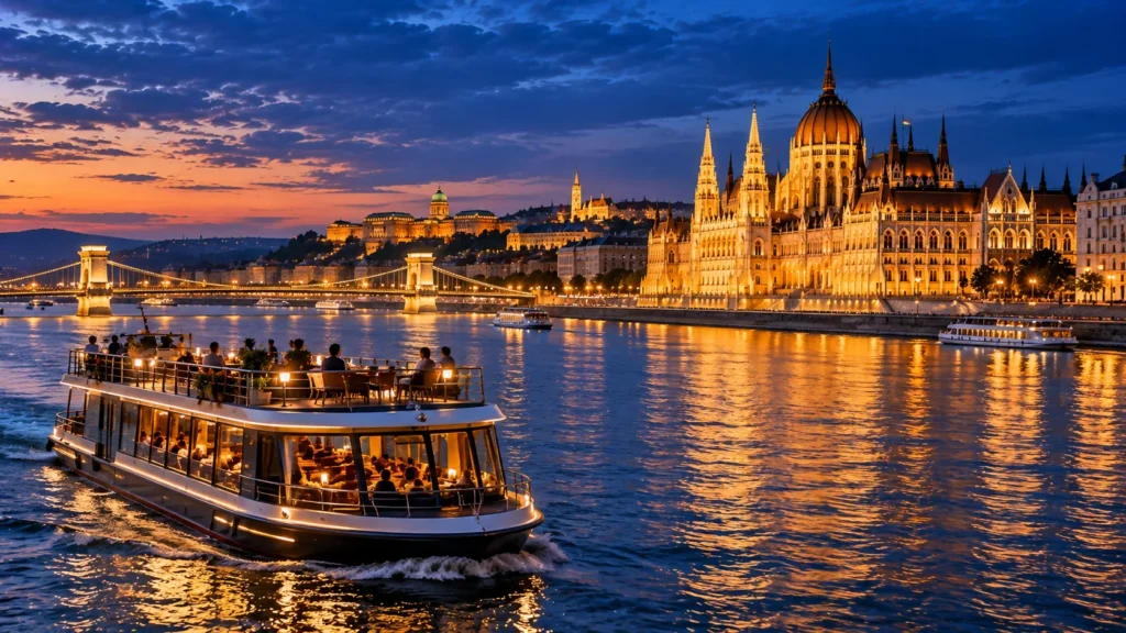 Illustration d’un bateau de croisière illuminé sur le Danube au crépuscule, face au Parlement