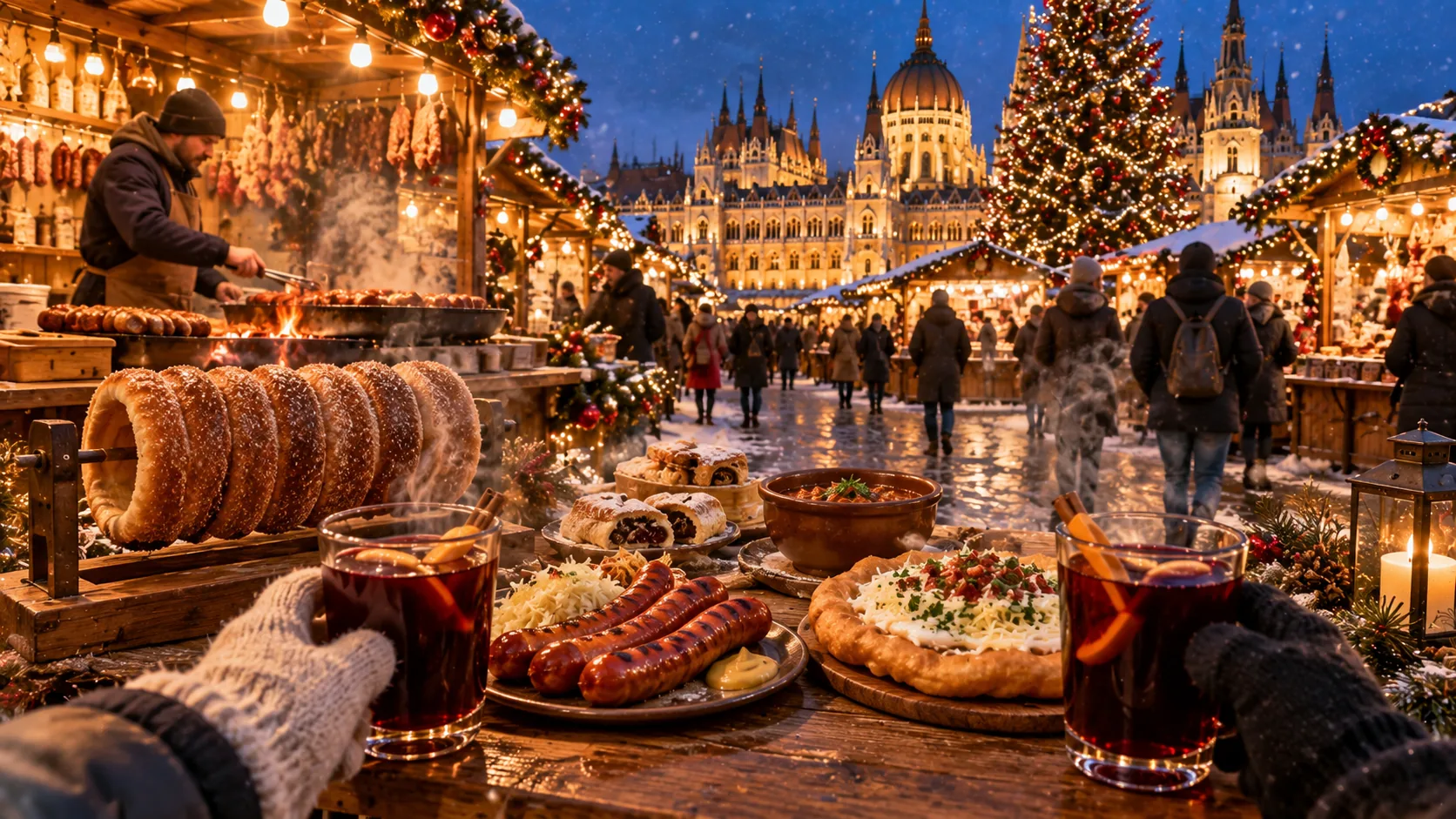 Illustration des spécialités d’un marché de Noël hongrois : gâteau cheminée, saucisses grillées, lángos et vin chaud