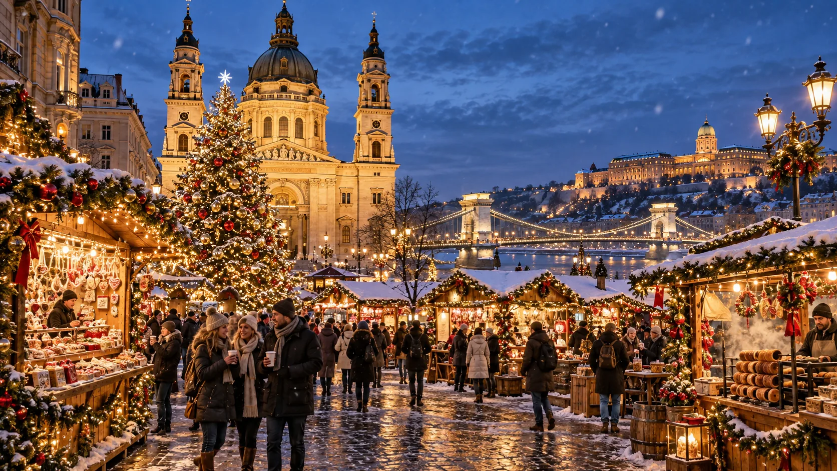 Illustration d’un marché de Noël à Budapest : chalets illuminés, grand sapin et promeneurs à la nuit tombée