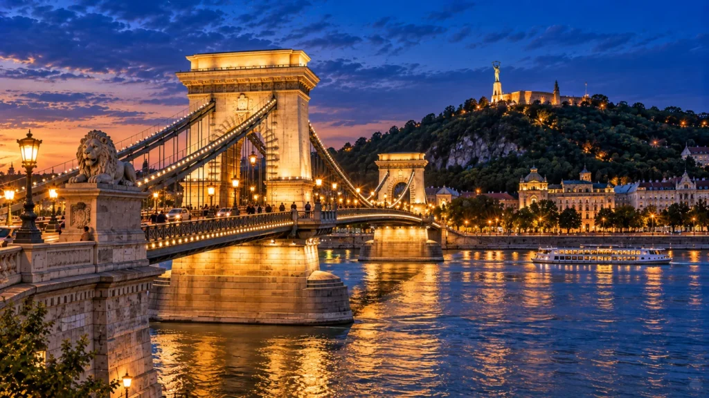 Illustration du pont des Chaînes et de la colline Gellért au crépuscule, au bord du Danube