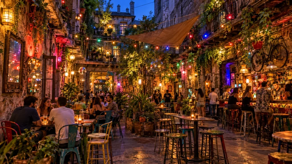 Illustration d’une terrasse de bar animée dans le quartier juif de Budapest, à la nuit tombée